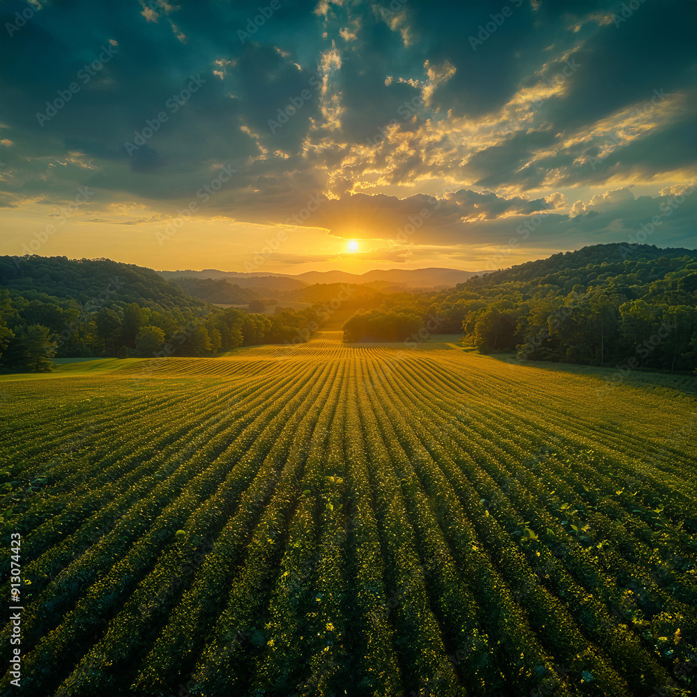 A stunning sunset casts warm hues over a lush green crop field, creating a serene and picturesque landscape. A stunning sunset casts warm hues over a lush green crop field, creating a serene and picturesque landscape.