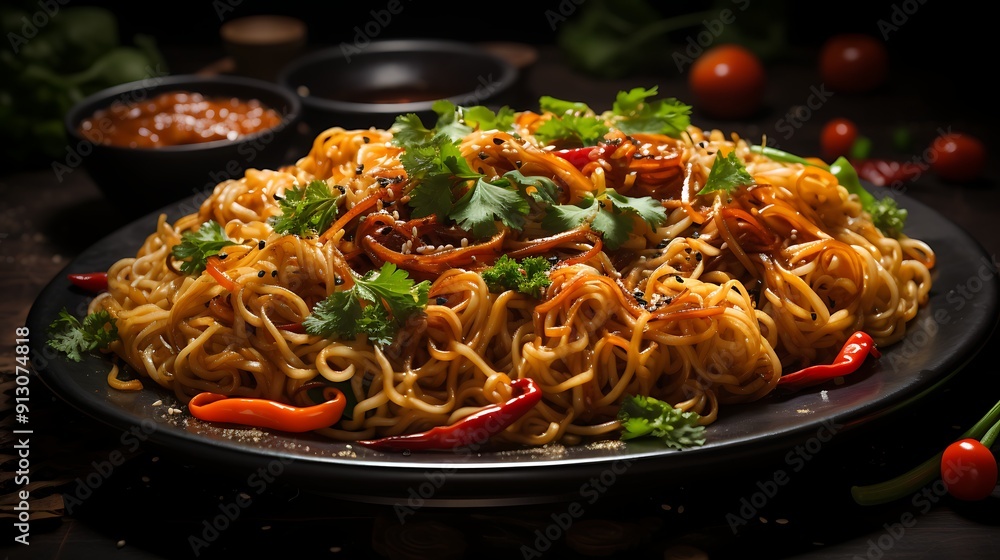 Spicy noodles on a bowl with vegetables and herbs Spicy noodles on a bowl with vegetables and herbs