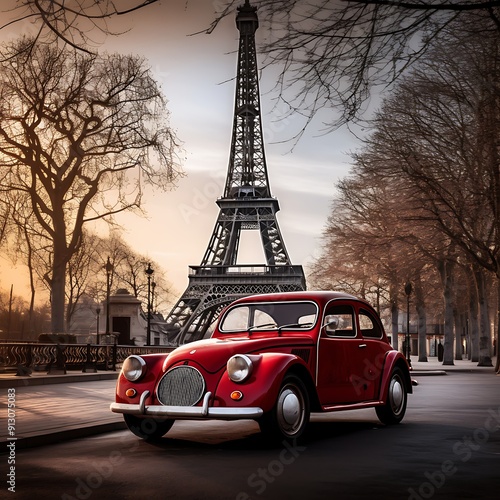 Vintage red car with Eiffel tower in Paris, France