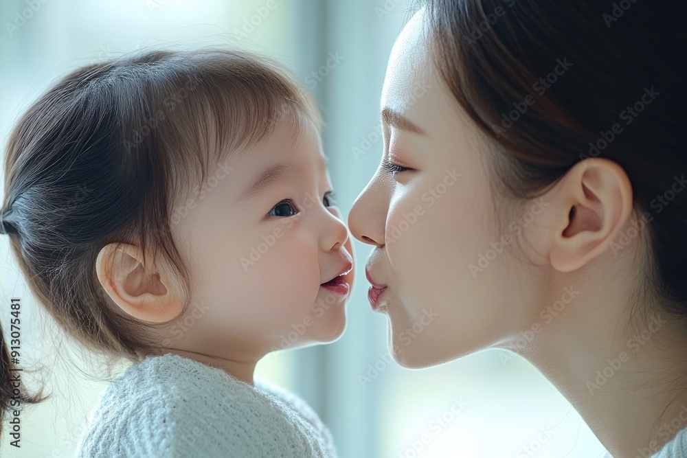 A mother joyfully kisses her daughter, showcasing their loving bond A mother joyfully kisses her daughter, showcasing their loving bond