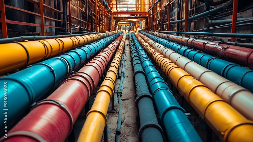 A vibrant and detailed view of colorful cables and pipes in an underground network, highlighting the construction and maintenance of infrastructure A vibrant and detailed view of colorful cables and pipes in an underground network, highlighting the construction and maintenance of infrastructure