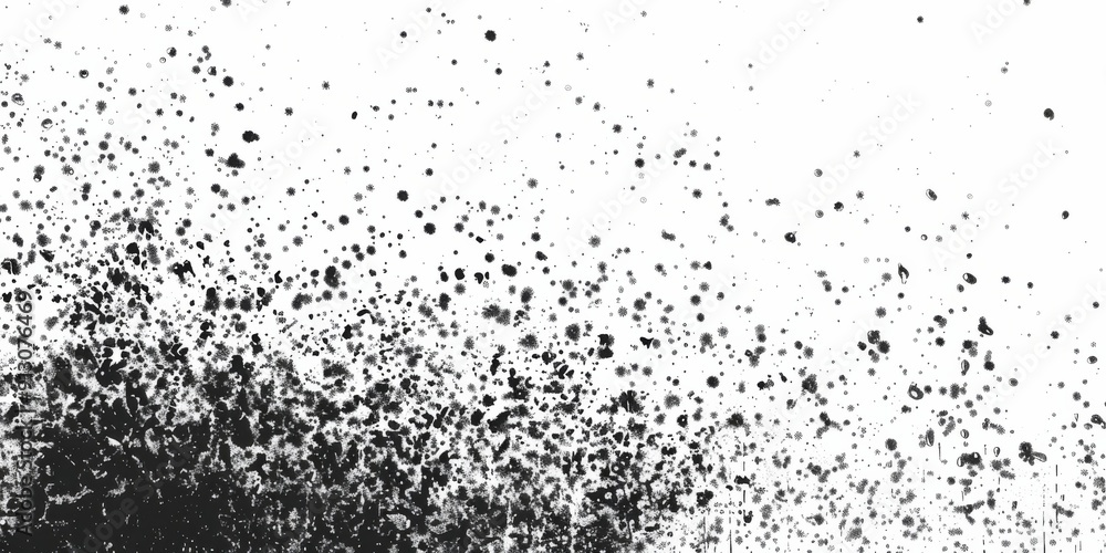Obraz premium A black and white photo of a white background with a lot of black dots. The dots are scattered all over the background, creating a sense of chaos and disorder. The photo is abstract and has a moody