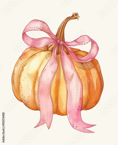 Pumpkin with Pink Ribbon Illustration

