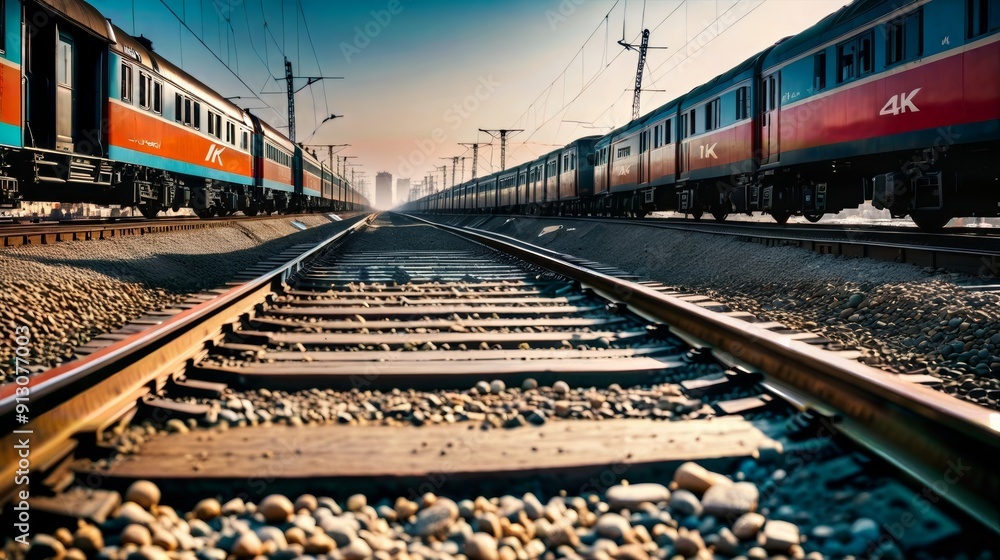 Obraz premium Two Trains Passing on Train Tracks