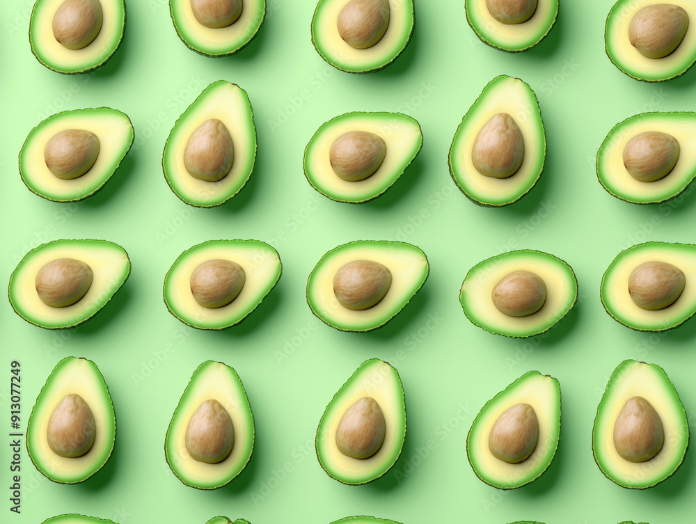 Pattern of Halved Avocados on Green Background Pattern of Halved Avocados on Green Background