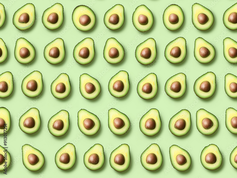 Pattern of Halved Avocados on Green Background Pattern of Halved Avocados on Green Background