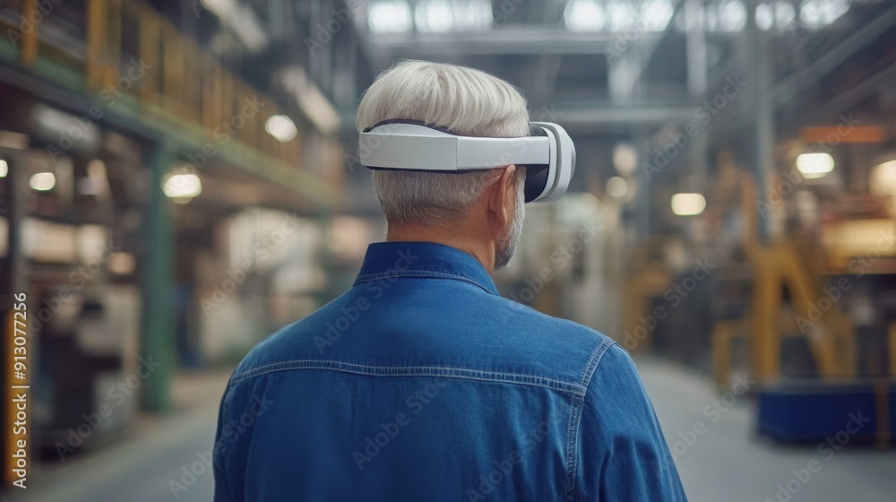 man with white VR glasses in a factory man with white VR glasses in a factory