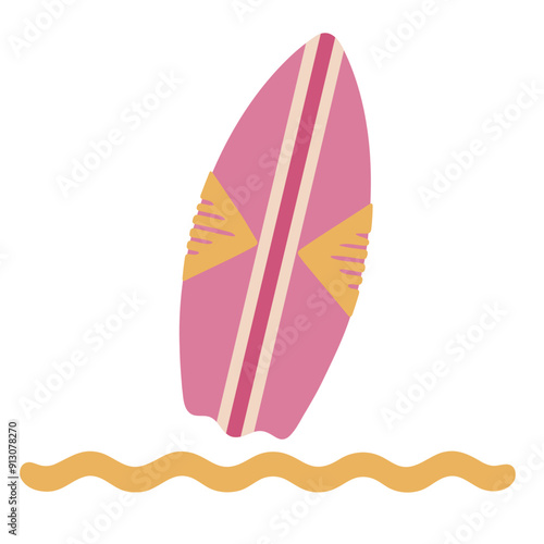 A pink surfboard with yellow accents floating on waves