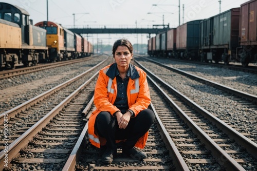 Woman sitting on railway track in shunting yard photo