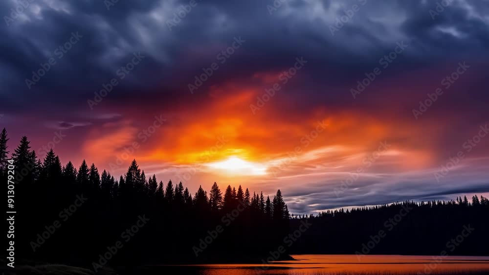 A stunning interplay of colors fills the sky as twilight descends on a tranquil lake, framed by silhouettes of towering trees under a dramatic sky. timelapse A stunning interplay of colors fills the sky as twilight descends on a tranquil lake, framed by silhouettes of towering trees under a dramatic sky. timelapse