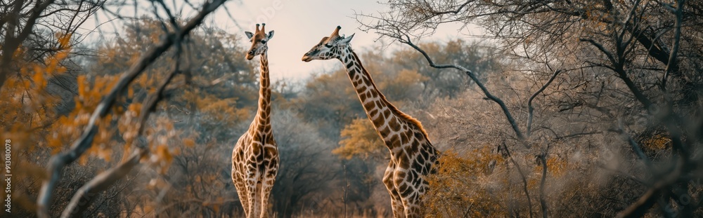 A pair of giraffes nibble leaves from tall trees, their long necks stretching towards the foliage A pair of giraffes nibble leaves from tall trees, their long necks stretching towards the foliage