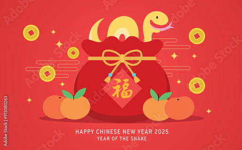 Funny cartoon chinese zodiac snake in a lucky money bag with coins and tangerines. Chinese text translation: "Good luck" or "Fortune".