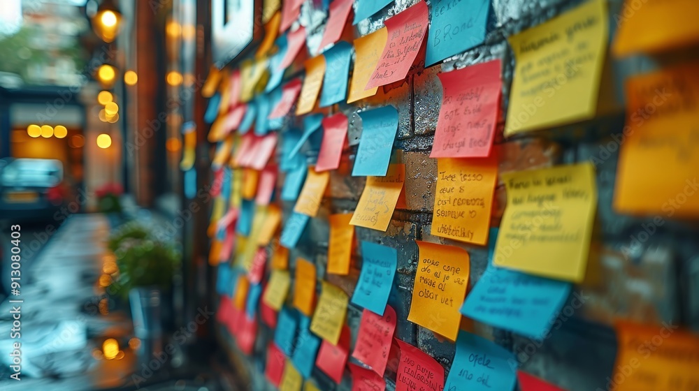 Messages of Hope and Gratitude Written on Colorful Sticky Notes, Creating a Wall of Inspiration Messages of Hope and Gratitude Written on Colorful Sticky Notes, Creating a Wall of Inspiration