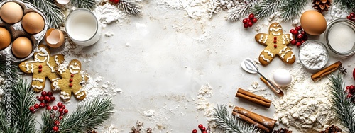 A background with an array of baking ingredients, including flour, eggs, and Christmas decorations, on the right side, leaving space for text in the center area photo