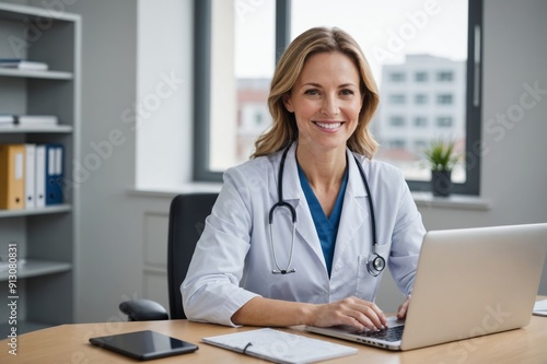 Portrait of smiling caucasian female doctor sitting at desk wearing using laptop computer
