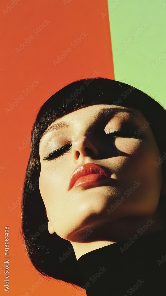 A model poses elegantly with bold colors enhancing her striking features A model poses elegantly with bold colors enhancing her striking features