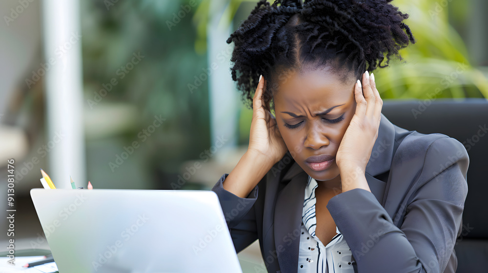 A young black woman in professional attire is at a home office desk. She holds her head with both hands and looking distressed as she works on a laptop surrounded by papers. A young black woman in professional attire is at a home office desk. She holds her head with both hands and looking distressed as she works on a laptop surrounded by papers.