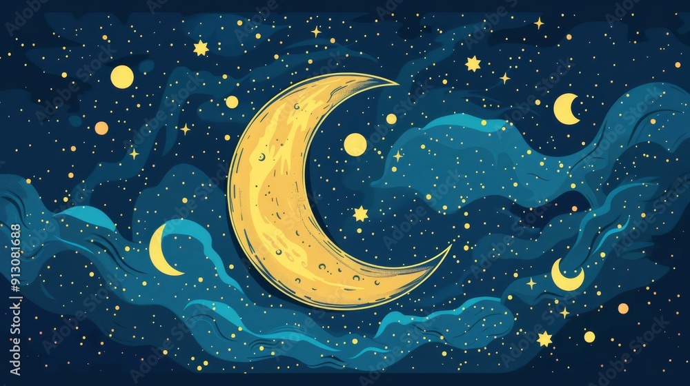 Fototapeta premium Moon flat design top view night sky theme cartoon drawing Complementary Color Scheme