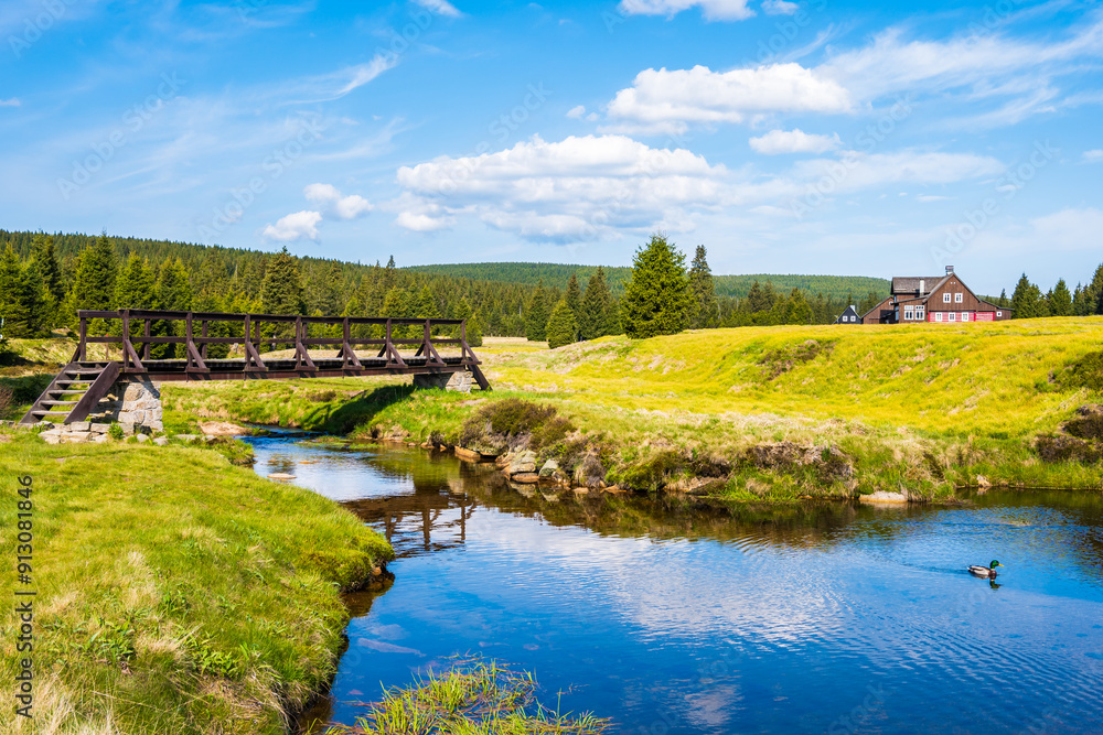 Wooden bridge over Jizerka river and green meadows with spruce trees in Jizerka village on sunny spring day, Jizera Mountains, Czech Republic Wooden bridge over Jizerka river and green meadows with spruce trees in Jizerka village on sunny spring day, Jizera Mountains, Czech Republic