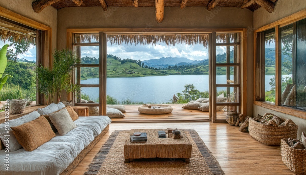 A spacious, beautifully designed living room with a stunning view of a serene lake and mountains A spacious, beautifully designed living room with a stunning view of a serene lake and mountains