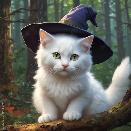 A white cat wearing a witch hat 