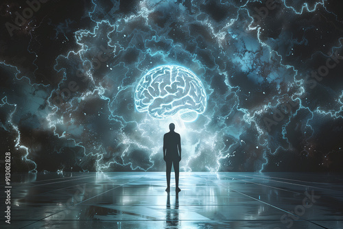 Man stands in front of a huge brain, connect to artificial intelligience, explosion of ideas, brainstorming for solutions, discovery, innovation and creativity photo