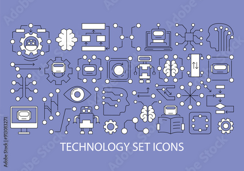 Set of vector modern technology illustrations made using minimalistic icons of AI, machine learning, brain and robot. Colorful badges in flat minimalistic style for decoration and design.