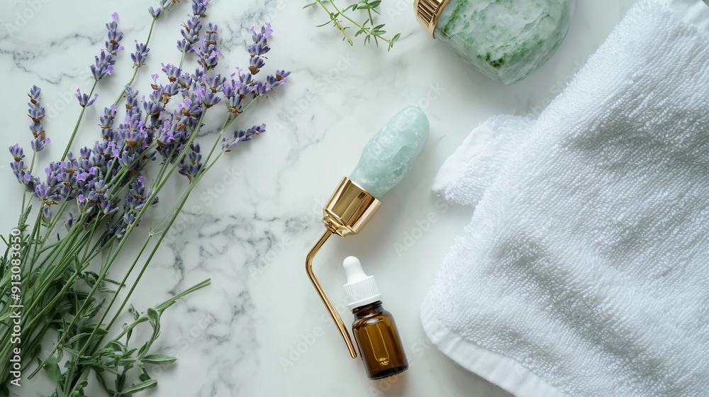 A flat lay of a natural skincare routine with essential oils, a jade roller, fresh lavender, and a white towel on a marble surface, promoting relaxation and self-care, copy space A flat lay of a natural skincare routine with essential oils, a jade roller, fresh lavender, and a white towel on a marble surface, promoting relaxation and self-care, copy space