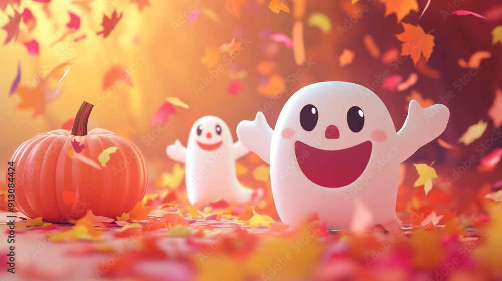 Cute Halloween party, smiling pumpkins, friendly ghosts, colorful confetti, vibrant autumn leaves , cheerful ad background. Cute Halloween party, smiling pumpkins, friendly ghosts, colorful confetti, vibrant autumn leaves , cheerful ad background.