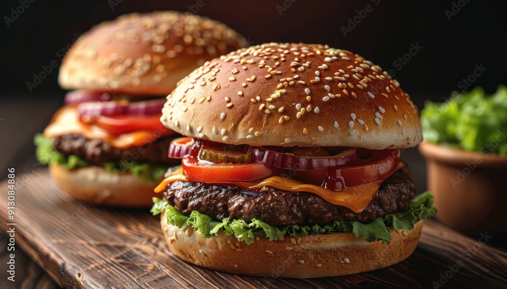 Two delicious hamburgers are sitting side by side on a smooth wooden cutting board Two delicious hamburgers are sitting side by side on a smooth wooden cutting board