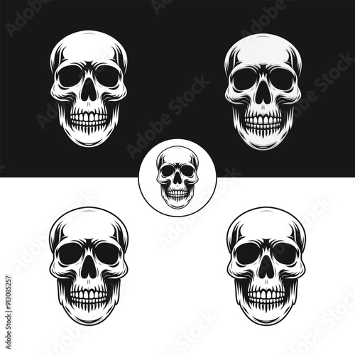 Set of human skull silhouettes vector drawing illustration on isolated background