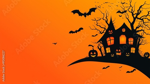 Elegant Halloween House with Jack-O-Lanterns, Bats, and Spooky Tree on Orange Background, Minimal Style Banner