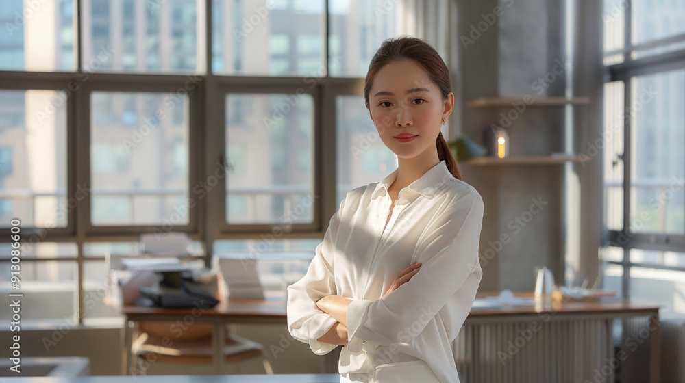 Confident Professional in Modern Office Environment with Arms Crossed, Natural Light Illuminating Workspace - Corporate Leadership Concept. Confident Professional in Modern Office Environment with Arms Crossed, Natural Light Illuminating Workspace - Corporate Leadership Concept.