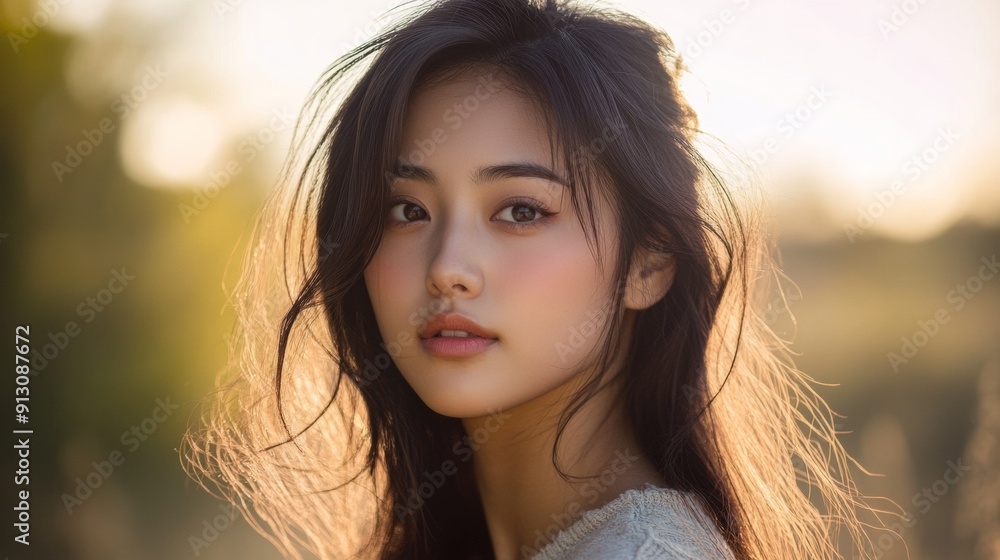 Fototapeta premium A woman with long dark hair and a pale complexion
