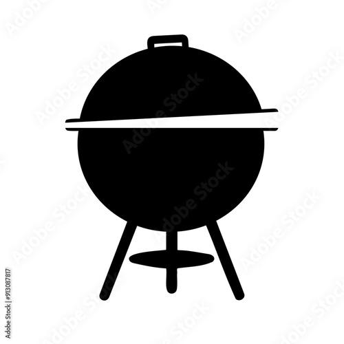 A black silhouette of a round barbecue grill with a lid and legs