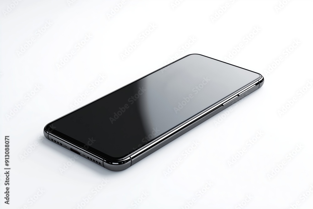 Mockup of sleek modern smartphone, diagonal view, isolated on white background, glossy finish, minimalist design, black screen, high-tech device, copy space


