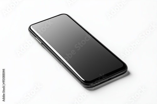 Mockup of a sleek modern smartphone, angled view, isolated on white background, reflective surface, minimalist design, black screen, mockup, high-tech device, copy space