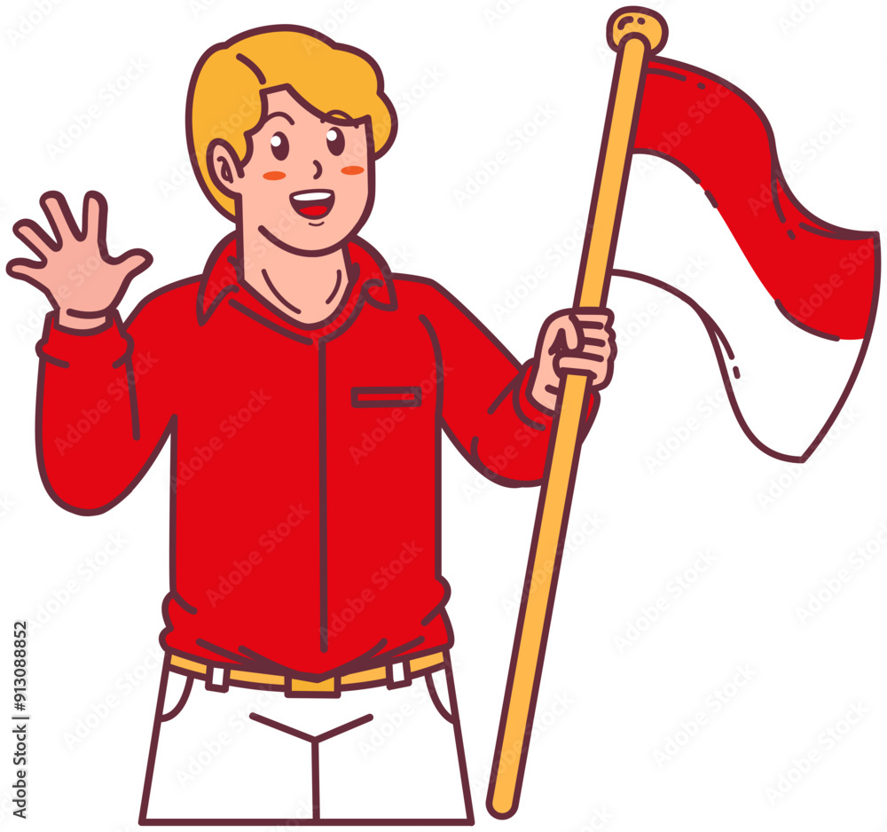 A blonde man carrying the Indonesian flag, happy Indonesian independence day A blonde man carrying the Indonesian flag, happy Indonesian independence day