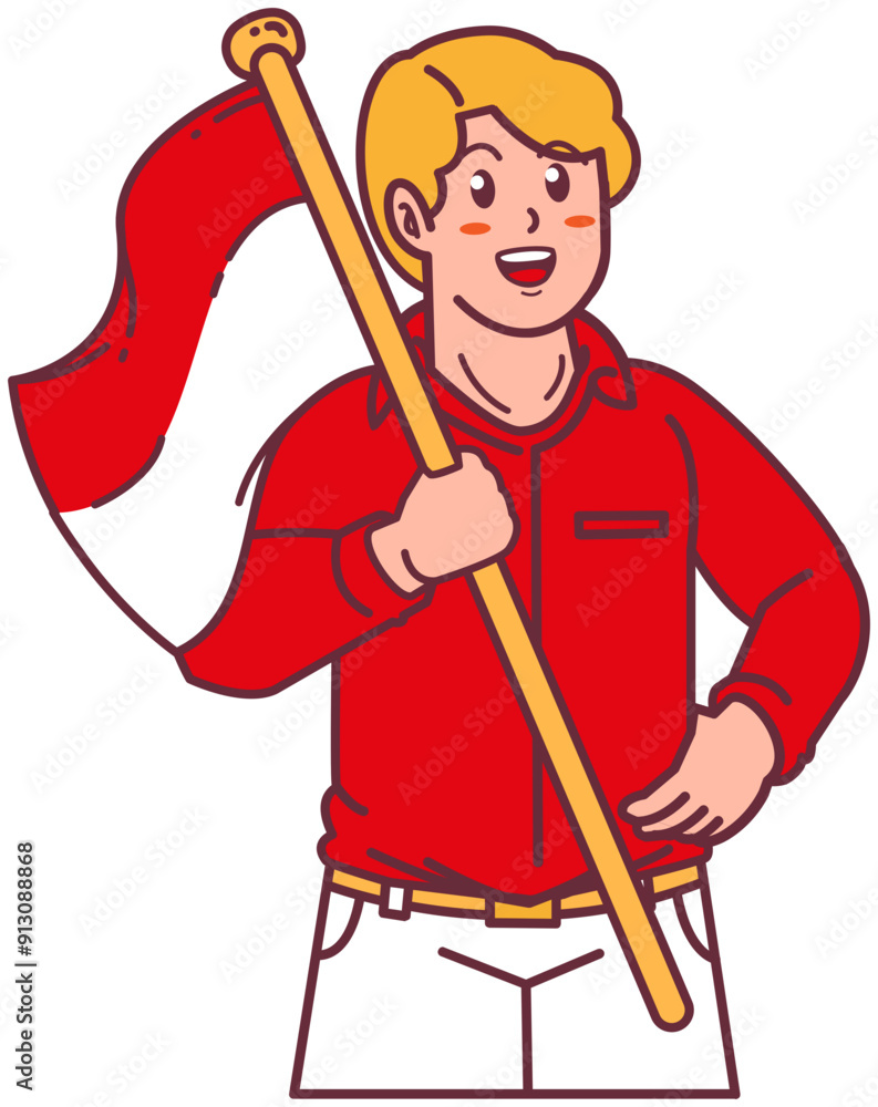 A blonde man carrying the Indonesian flag, happy Indonesian independence day A blonde man carrying the Indonesian flag, happy Indonesian independence day