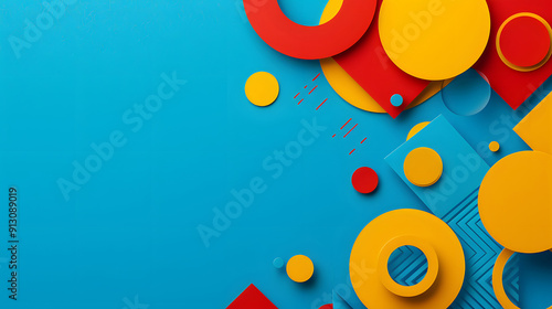 Abstract background with colorful books in blue, yellow, and red colored geometric shapes in a flat lay style design