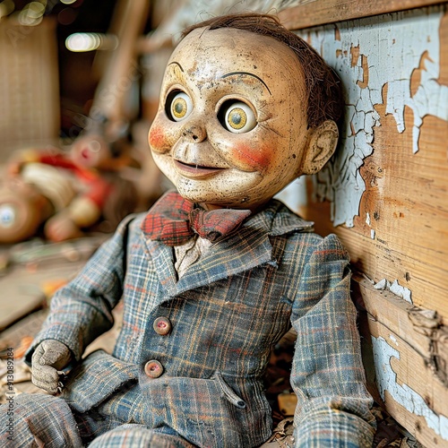 Eerie Ventriloquist Dummy in Dusty Attic - Spooky Vintage Puppet with Copy Space for Text in Abandoned Room photo