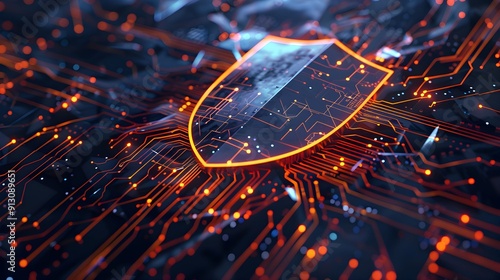 realistyczny 3D, tarcza, cyfrowe obwody, cyberbezpieczeństwo, ochrona danych, prywatność, hakerstwo, technologia, internet, bezpieczeństwo, sieć, firewall, szyfrowanie, komputer, bezpieczeństwo online