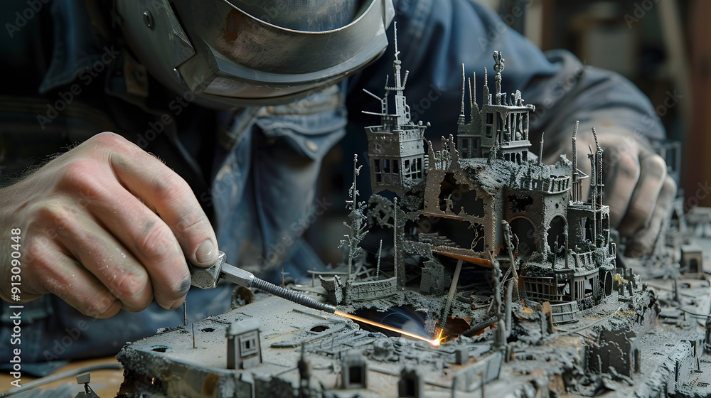 An artist sculpting a post-apocalyptic urban landscape from scrap metal. Zoom on welding intricate details. An artist sculpting a post-apocalyptic urban landscape from scrap metal. Zoom on welding intricate details.