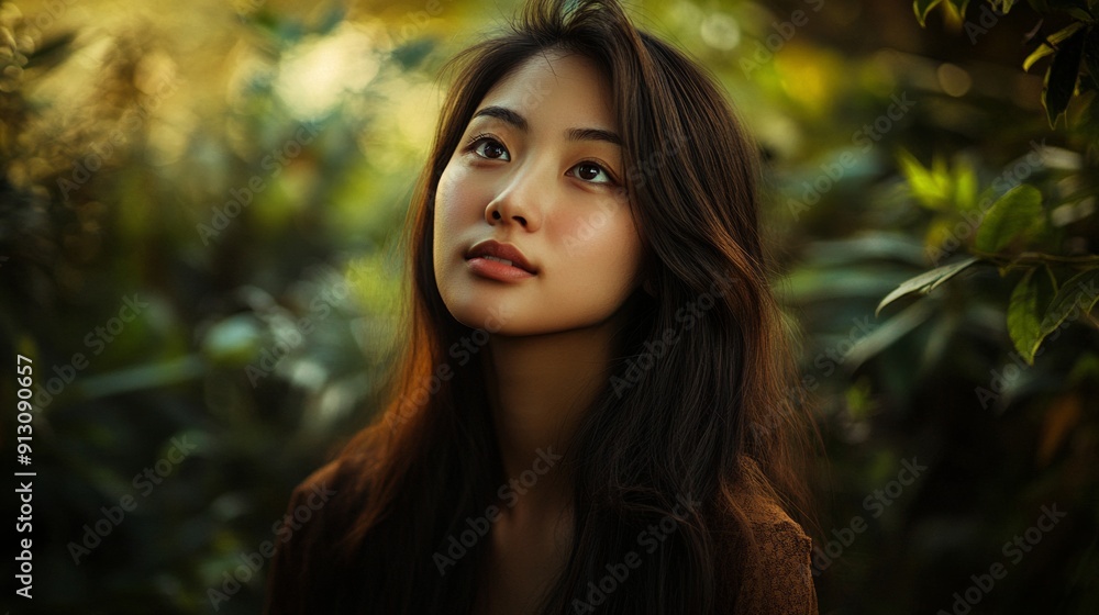 Fototapeta premium A woman with long dark hair is looking at the camera