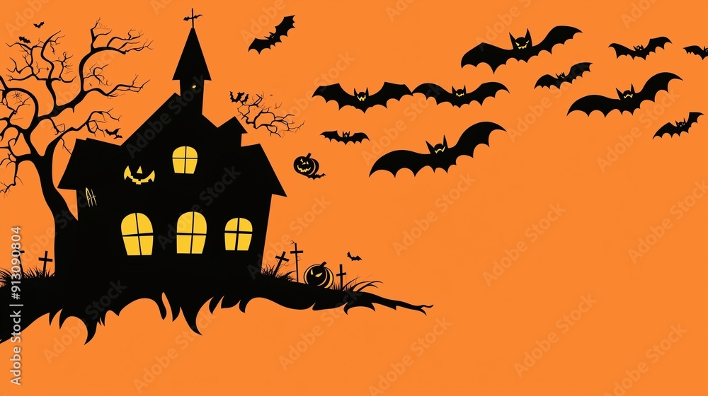 Minimalist Cute Halloween House with Pumpkins, Flying Bats, and Tree Silhouette on Orange Background, Perfect for Banner Design Minimalist Cute Halloween House with Pumpkins, Flying Bats, and Tree Silhouette on Orange Background, Perfect for Banner Design