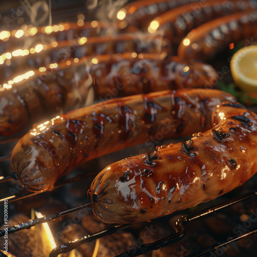 Close-up of a Grilled Sausage on a Barbecue Grill photo