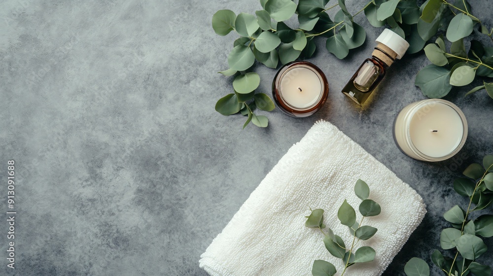 A flat lay of a natural skincare routine with essential oils, a jade roller, fresh lavender, and a white towel on a marble surface, promoting relaxation and self-care, copy space A flat lay of a natural skincare routine with essential oils, a jade roller, fresh lavender, and a white towel on a marble surface, promoting relaxation and self-care, copy space