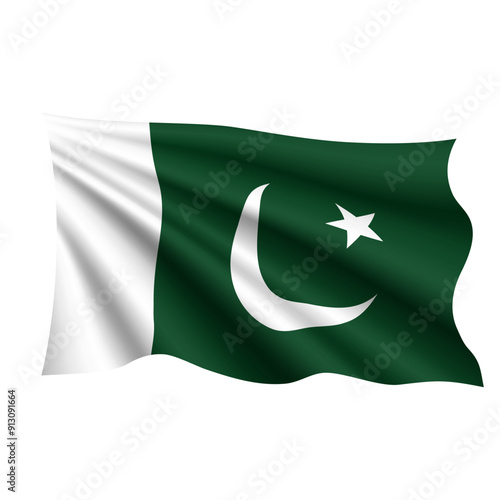 Vector illustration of 3D-style flag of Pakistan isolated on a White background. Pakistani national flag icon. Waving the Pakistani flag.