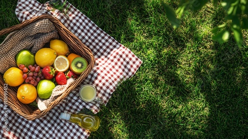 A summer picnic flat lay with a woven basket, fresh fruits, a checkered blanket, and a bottle of lemonade on grass, evoking a sunny day outdoors, copy space