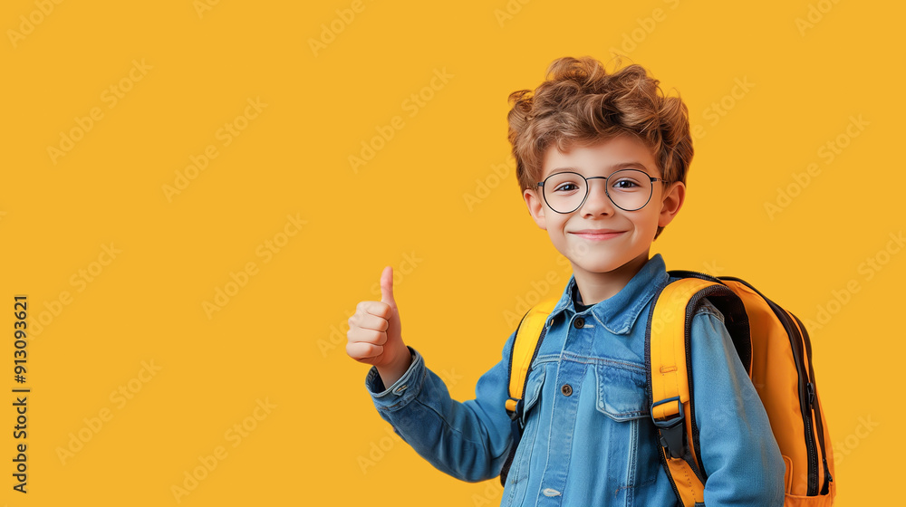 Schoolboy with backpack showing thumb up, isolated on yellow background Schoolboy with backpack showing thumb up, isolated on yellow background
